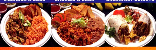 Machaca and eggs, chorizo and eggs, and a breakfast burrito