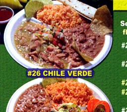 Chile verde plate with rice, beans, and tortillas