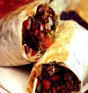 A sliced, fully loaded burrito from George's archived menu